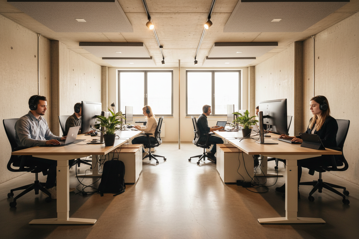 Generate image. On left and right side is peoples sitting near computer in headphones
